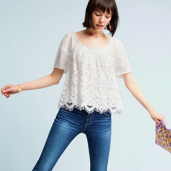 Moulinette Soeurs Tops - Moulinette Soeurs Anthropologie Lace Short Sleeve Blouse Size:M Color:White NWOT